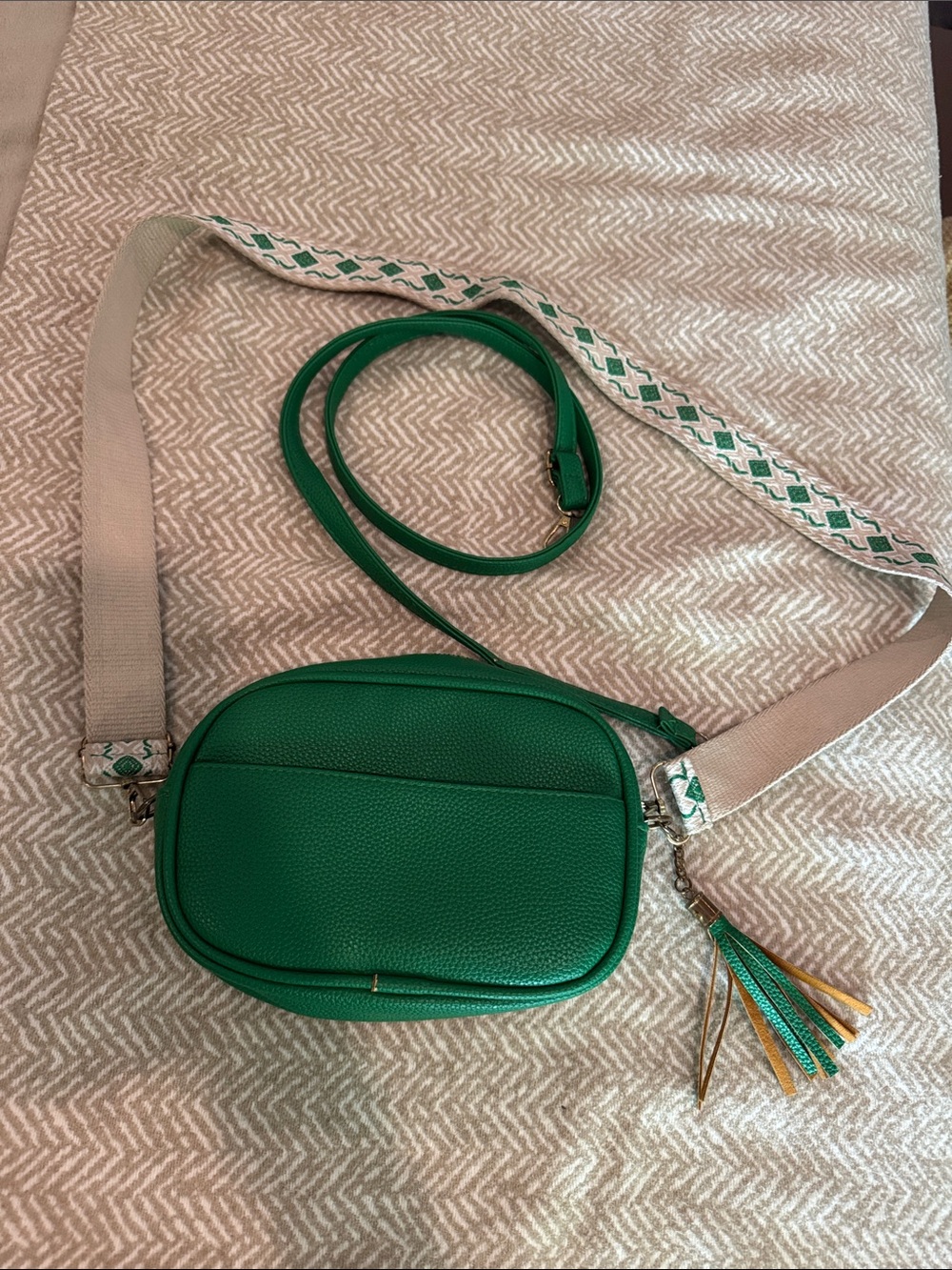Green Crossbody Pebbled Leather Bag with Tassel